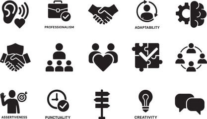 Soft skills icon set with communication, empathy, creativity, problem solving, punctuality and work ethics.
