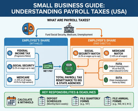 Small business guide explaining payroll taxes system with employee and employer shares filing income tax and invoice for financial accounting compliance by inspecting deadlines Filing Taxes concept