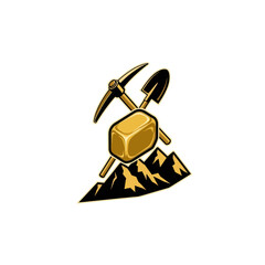 Gold Bar with Pickaxe on Mountain Peak.