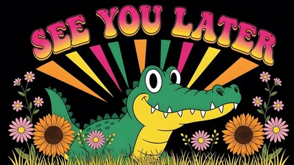 A colorful cartoon alligator with sunflowers and psychedelic design elements