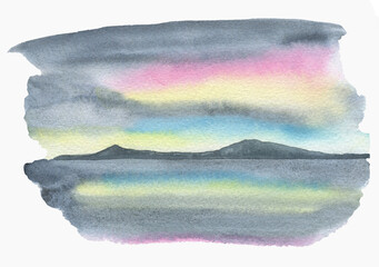 Watercolor illustration of northern lights, background design, paint, winter.