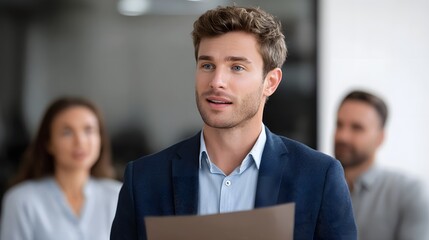 A professional man in a suit presenting information in a business meeting with colleagues