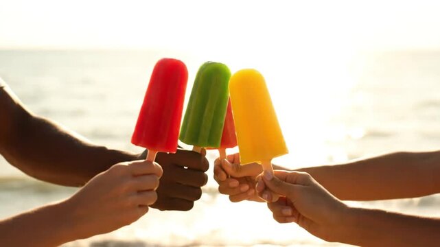 Friends enjoying refreshing colorful popsicles on a sunny beach day