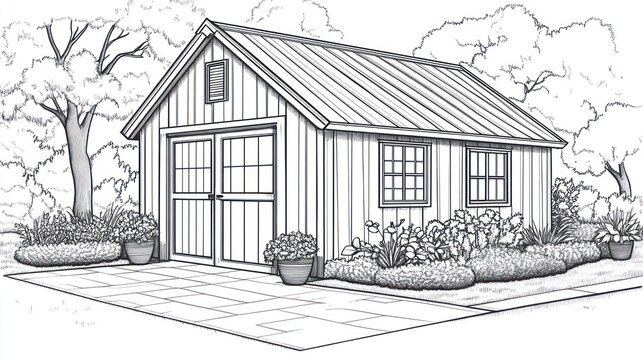 Garden shed design, backyard, landscaping, metal roof, storage