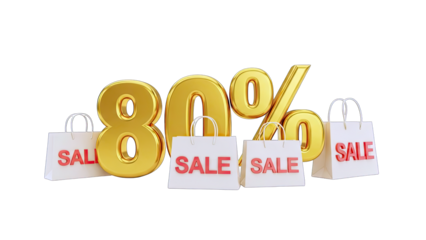 3D 80% Sale With Shopping Bags on transparent background