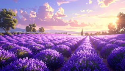Lavender field at sunset serene purple landscape.