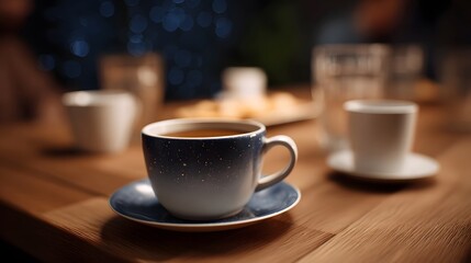 Obraz premium A cozy evening with a cup of tea on a wooden table illuminated by soft bokeh lights