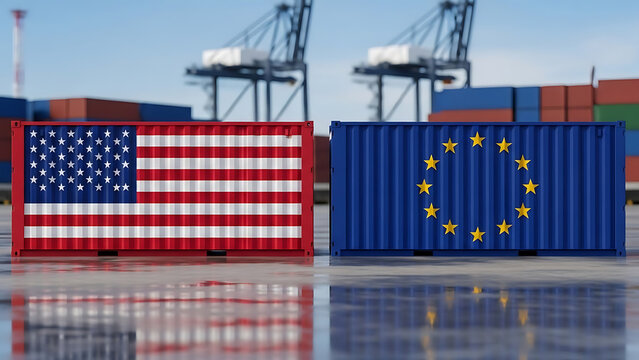international cargo exchange with american and eu flags