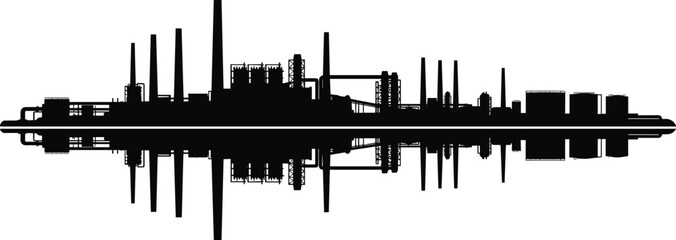 Naklejka premium Industrial Factory Skyline Silhouette with Manufacturing Plant, Power Station Chimneys, Refineries, Storage Tanks, and Water Reflection Vector Illustration for Energy and Engineering Industry Design