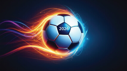 A high-energy, digital illustration of a modern soccer ball marked with '2026', surrounded by vibrant, swirling light trails in orange, red, and blue, suggesting speed against a dark background.