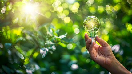 Hand holding eco-friendly light bulb in lush green nature