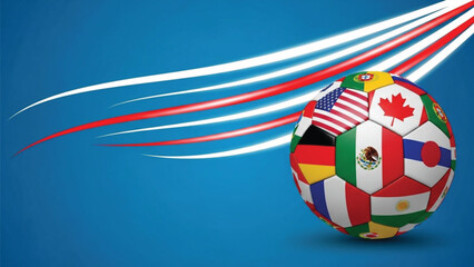 Soccer ball composed of various national flags against a dynamic blue background with streaks of light.
