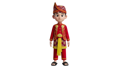 3D Cartoon boy in traditional Indonesian attire on transparent background