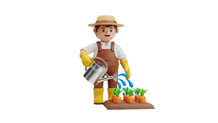 3D Cartoon farmer watering carrots in a garden on transparent background