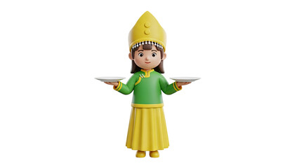 3D Cartoon girl in traditional dress holding plates on transparent background