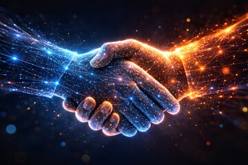 Digital handshake between two hands with blue and orange light connections representing a technological partnership