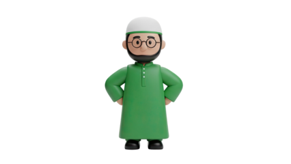 3D Cartoon Muslim Man Wearing Green Thobe and White Kufi on transparent background