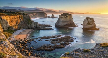 Dramatic coastal cliffs and sea stacks bathed in golden sunrise light above turquoise water