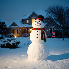 Obraz premium A festive snowman with a top hat and colorful scarf stands in a snowy yard. A warmly lit house glows behind it at dusk, creating a serene and inviting winter scene