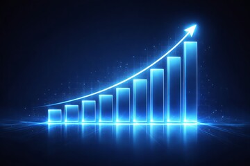 Increasing blue 3D bar chart with a rising arrow symbolizing business success and financial growth