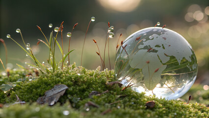 Morning dew collects naturally on the globe, magnifying tiny plants beneath it—small actions creating large sustainable impact