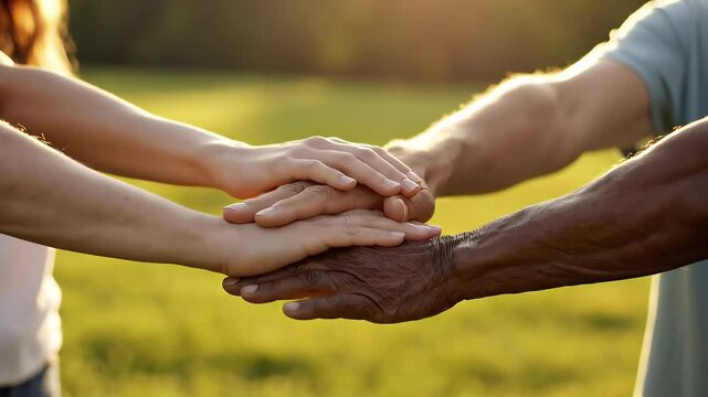 Diverse group of people holding hands together in a field at sunset symbolizing unity support community and connection a powerful image for social campaigns