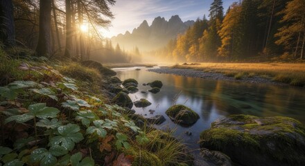 Golden sunlight illuminates a misty river flowing through a forest with rugged peaks in the background