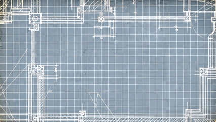 Architectural Blueprint with White Grid and Technical Line Drawings on Blue Background, Engineering Plan
