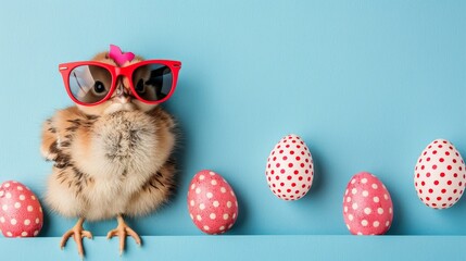 Charming easter greeting card with a cool chick in sunglasses and a colorful egg on blue