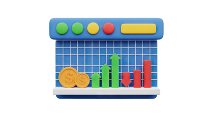 3D financial growth and loss graph with coins on transparent background