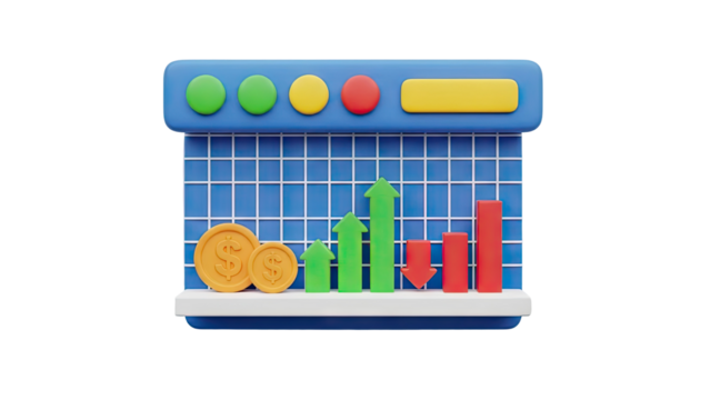 3D financial growth and loss graph with coins on transparent background - Powered by Adobe