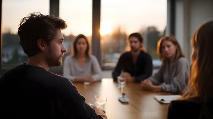 A group of professionals engaged in a serious discussion around a table in a modern office at sunset