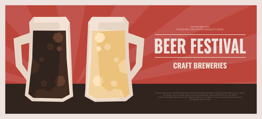 Beer festival vintage banner template. Two big bubbling drink mug sign. Craft brewery concept. Simple graphic retro design. Flat rough shape drawing. Dim old style image for pub, bar, offer ads layout