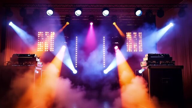 Concert Stage With Dynamic Lighting Effects And Smoke Machines Creating A Vibrant Atmosphere For A Music Performance With Multiple Spotlights And DJ Equipment Ready For Action