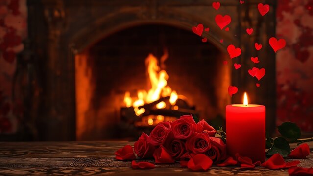 A romantic setting with a lit candle, roses, and hearts in front of a warm fireplace