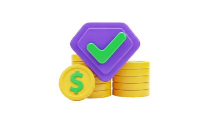 3D icon of coins and a green checkmark inside a purple diamond on transparent background