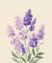 Naklejka premium Lavender flowers illustration on cream beige background with purple petals and green leaves