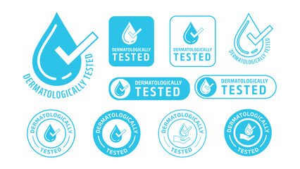 'Dermatologically tested' badges and icons set featuring water drop and check mark symbols. Modern flat vector design for packaging, branding, certification marks, and cosmetic marketing. vector illus