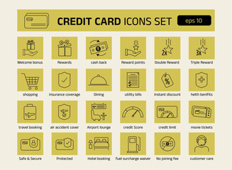 A modern and clean credit card benefits icon set featuring 24 vector illustrations related to banking, finance, rewards, cash back, insurance coverage, travel perks etc. Icons are minimal, line-style