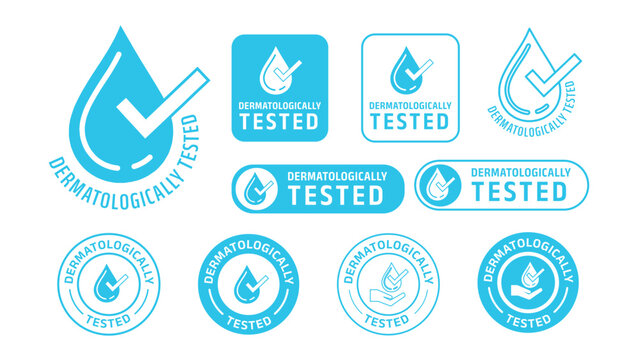 'Dermatologically tested' badges and icons set featuring water drop and check mark symbols. Modern flat vector design for packaging, branding, certification marks, and cosmetic marketing. vector illus