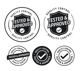 Tested and Approved Quality Control Badge Set &ndash; Black and White Verification Icons. quality control badges featuring shield and circular designs. vector illustration