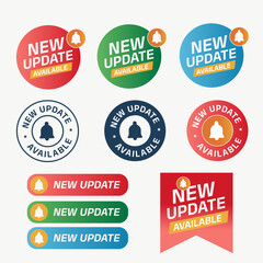 New update available icon set with notification bell symbols. Collection of colorful badges, labels, buttons, and banners in modern flat design style. Vector illustration suitable for software updates
