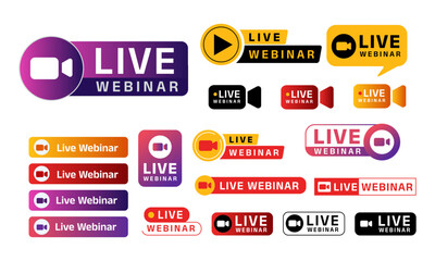 Live Webinar Labels and Streaming Badges vector illustration – Video Conference Icons Set for Online Events and Live Streaming
