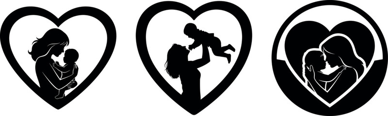 Three black heart shaped silhouettes of romantic couples