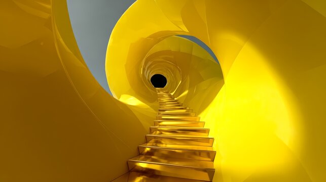 Long, winding staircase made of gold steps leads to a dark room. The staircase is yellow. The room is dimly lit