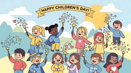 Happy Childrens Day Illustration with Kids Celebrating
