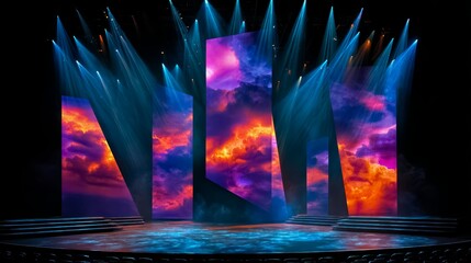 Stage with a blue sky background and a purple and orange cloud. The stage is lit up with blue lights