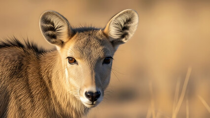 A captivating close-up portrait of a young antelope in the golden savanna light