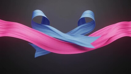 World Cancer Day cinematic footage with pink and blue awareness ribbons flowing together, representing unity and collective action against cancer.