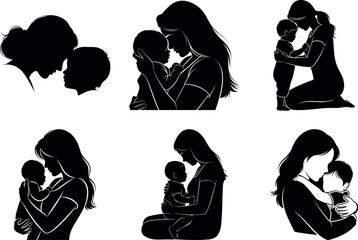 Silhouette of mothers and their children in various tender moments